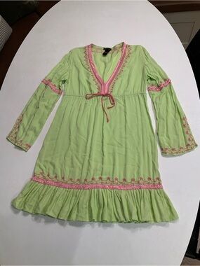 Vintage Y2K early 2000’s Moda International boho dress L green pink